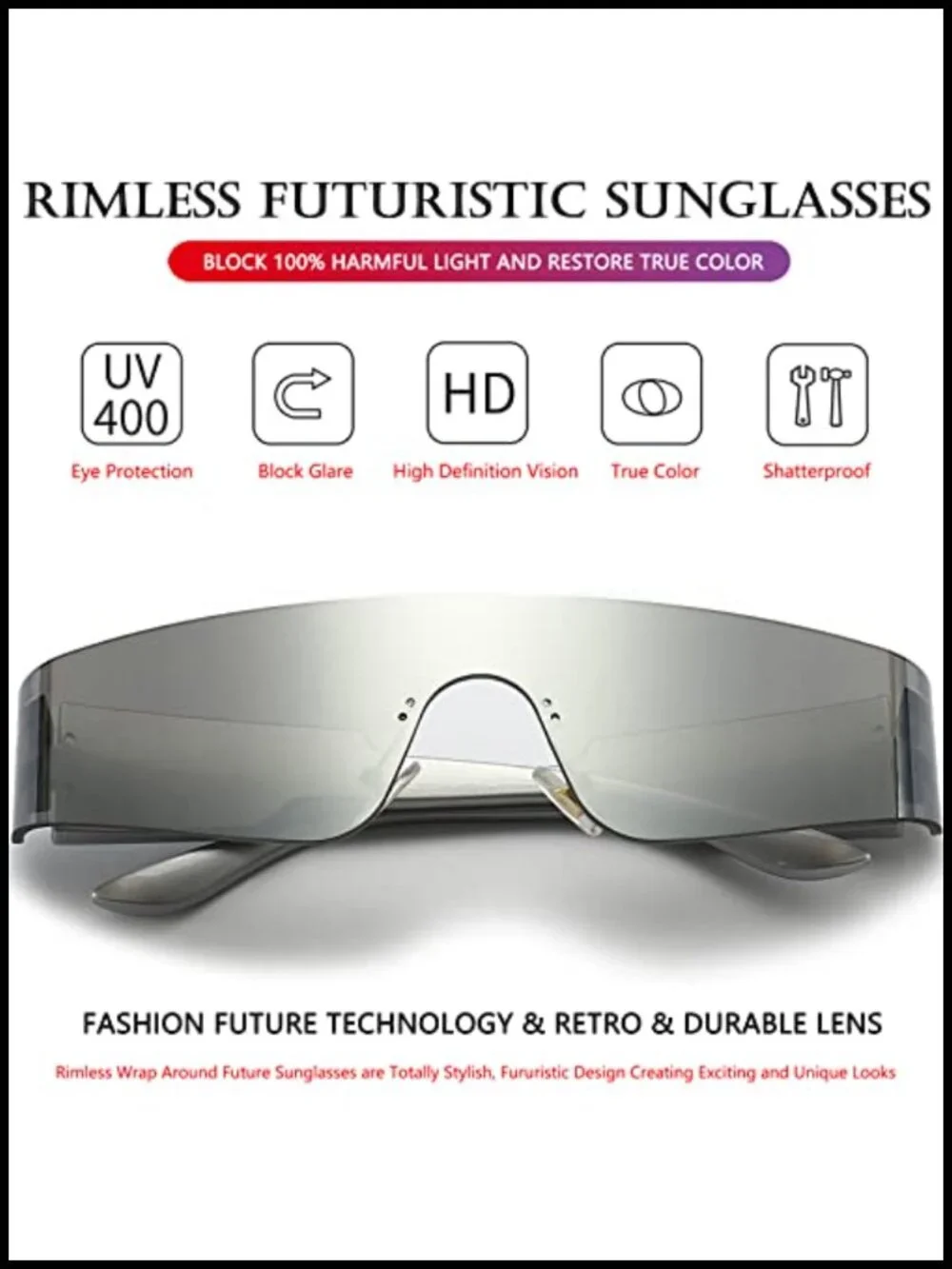 Rimless Futuristic Wrap Around Sunglasses for Women Men Cyberpunk Visor Sun